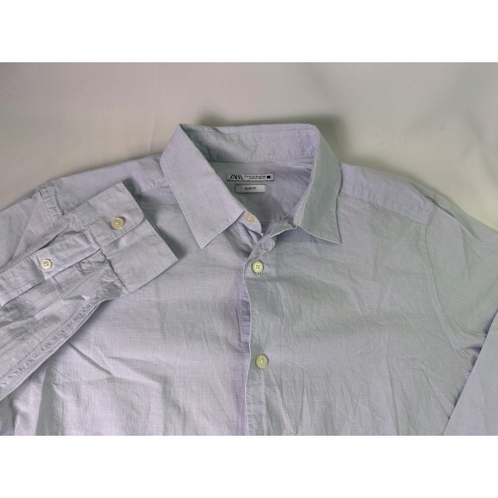 ZARA MAN Slim Fit Purple White Pinstripe Cotton Linen Blend Long Sleeve Shirt M